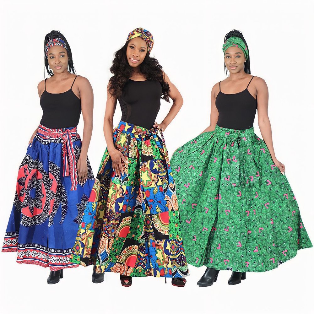 Set Of 3 African Print Long Skirts - ASSORTED Cotton Skirts Floor-Length Skirts